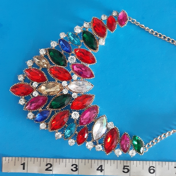 Multi-color Rhinestone Statement Bib Necklace - Picture 5 of 6